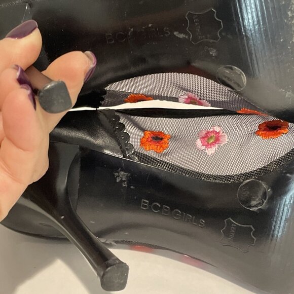 BCBGirls Docre Mesh Peep Toe Heels Stilettos Size 5.5 Black Floral Embroidered - Picture 9 of 12